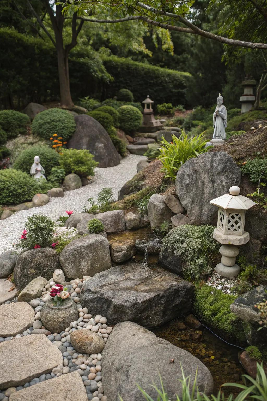 Whimsical ornaments adding character to a rock garden