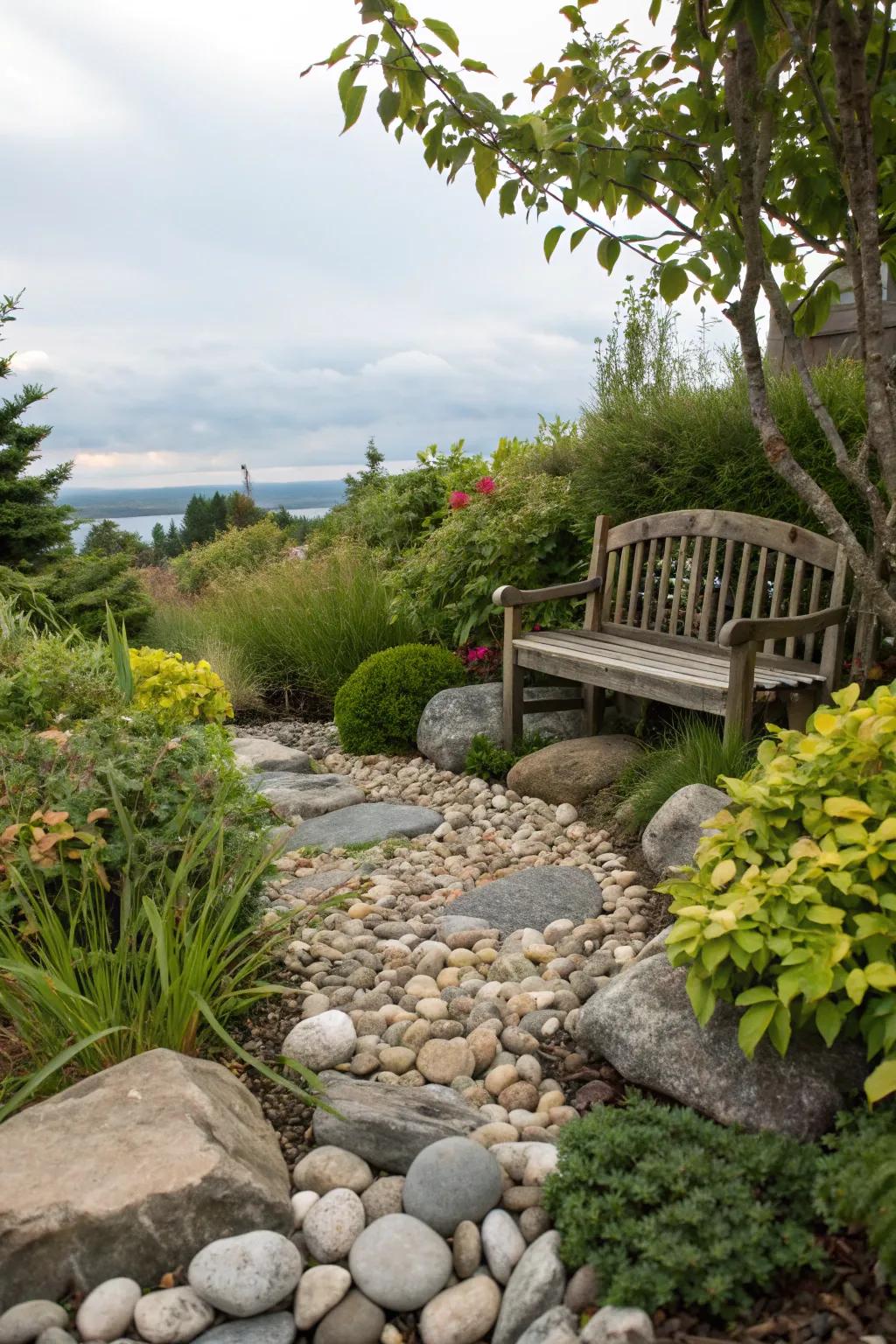 Peaceful seating area within a rock garden