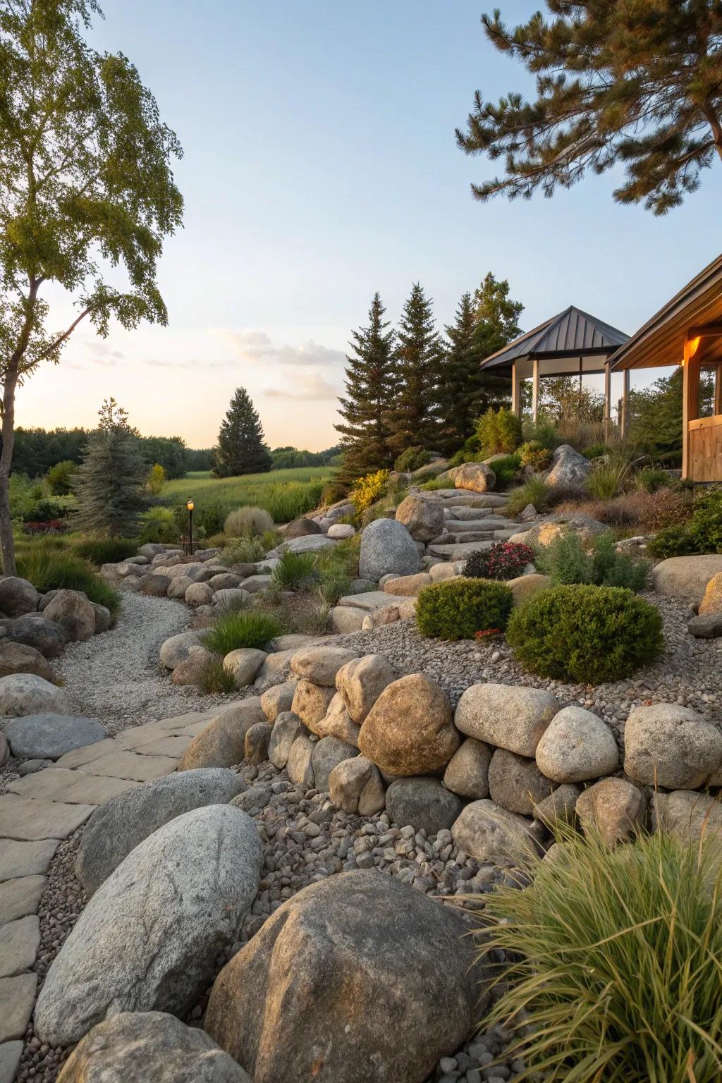 Authentic local stones creating a natural rock garden look