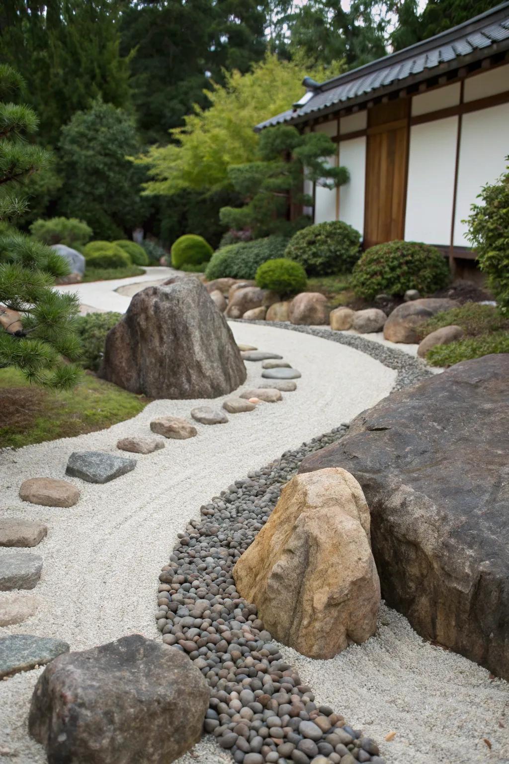 Curving pebble path weaving through a rock garden