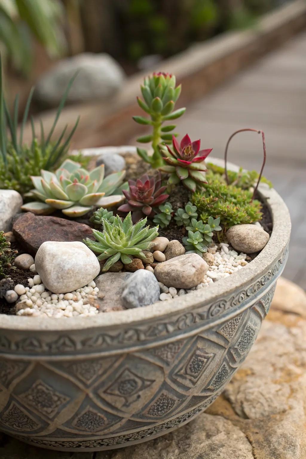 Miniature rockery garden arranged in a plant pot