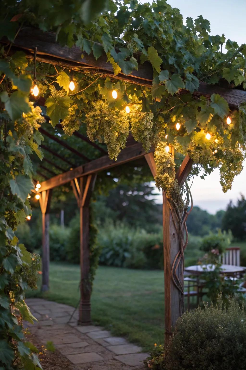 Solar lights transform a grape arbor into a magical evening retreat.