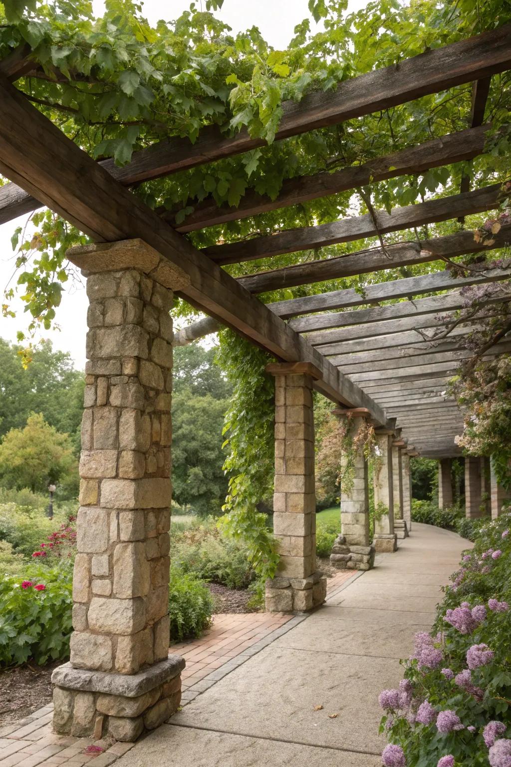 A rustic grape arbor combining stone and wood for a timeless look.