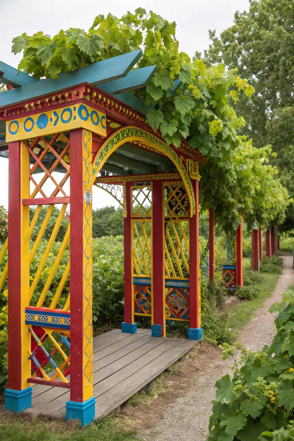 A colorful painted arbor adds a vibrant touch to the garden landscape.