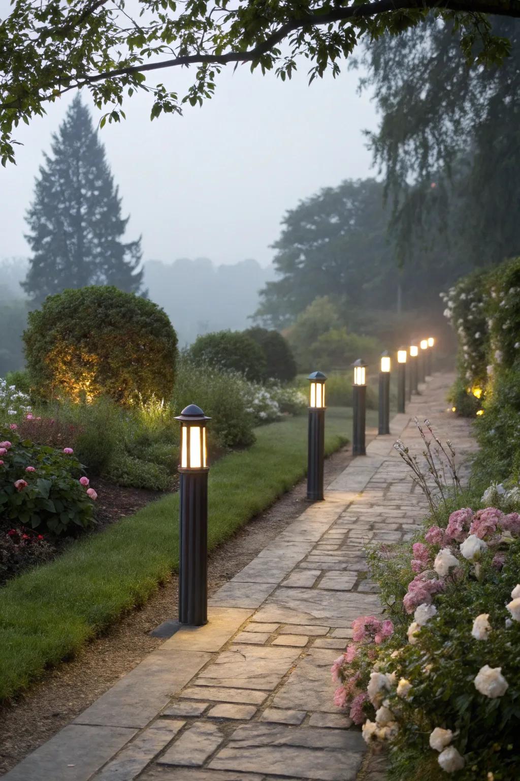 Elegant bollard lights marking pathways.
