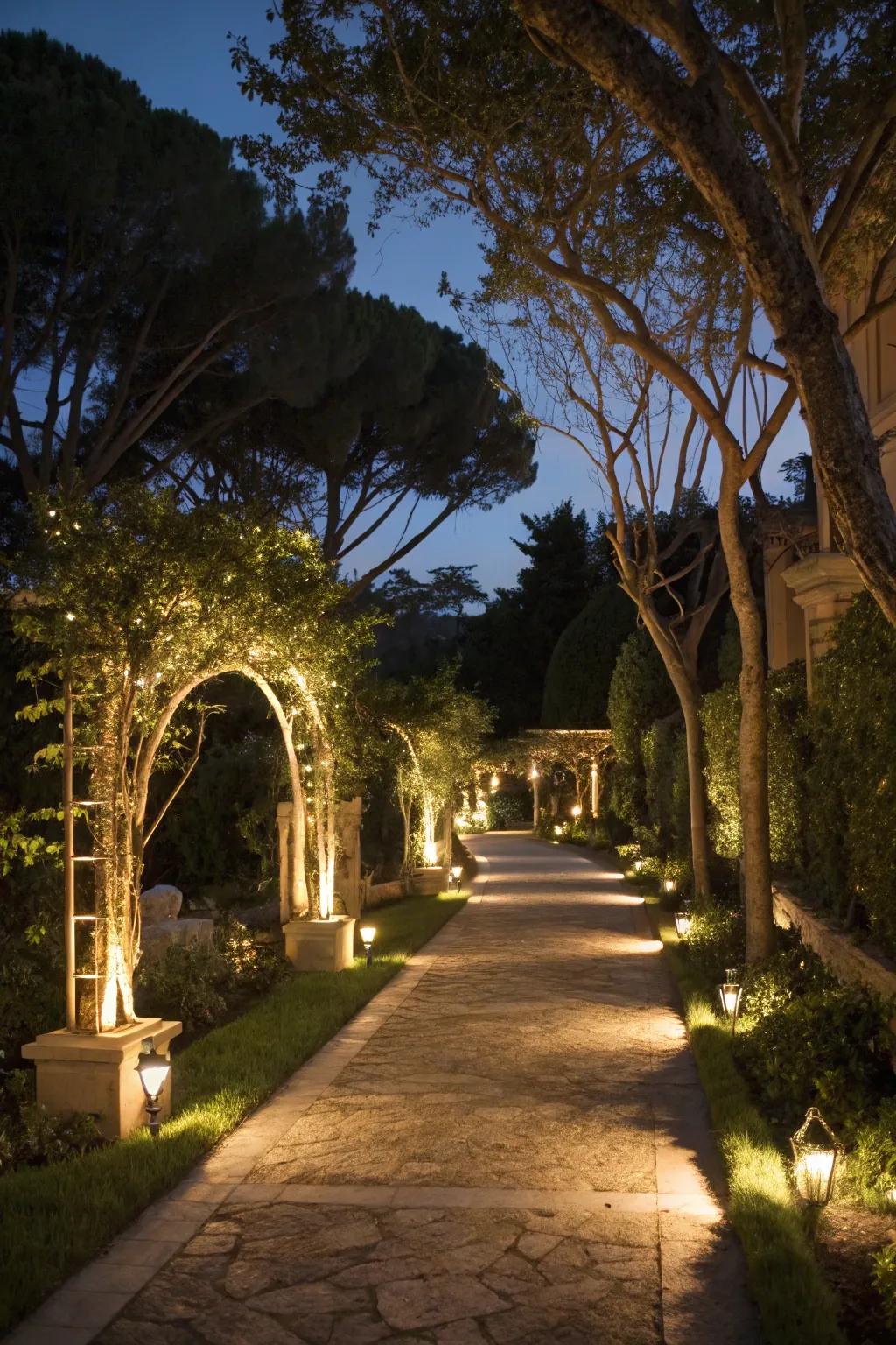 Uplighting enhances architecture and trees.