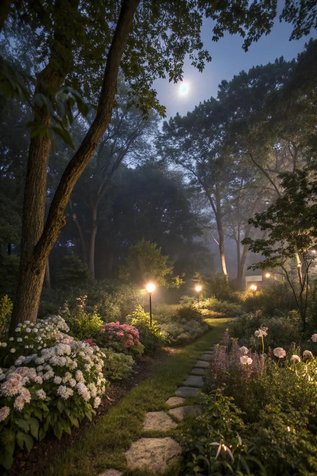 Moonlight mimicry through elevated garden lights.