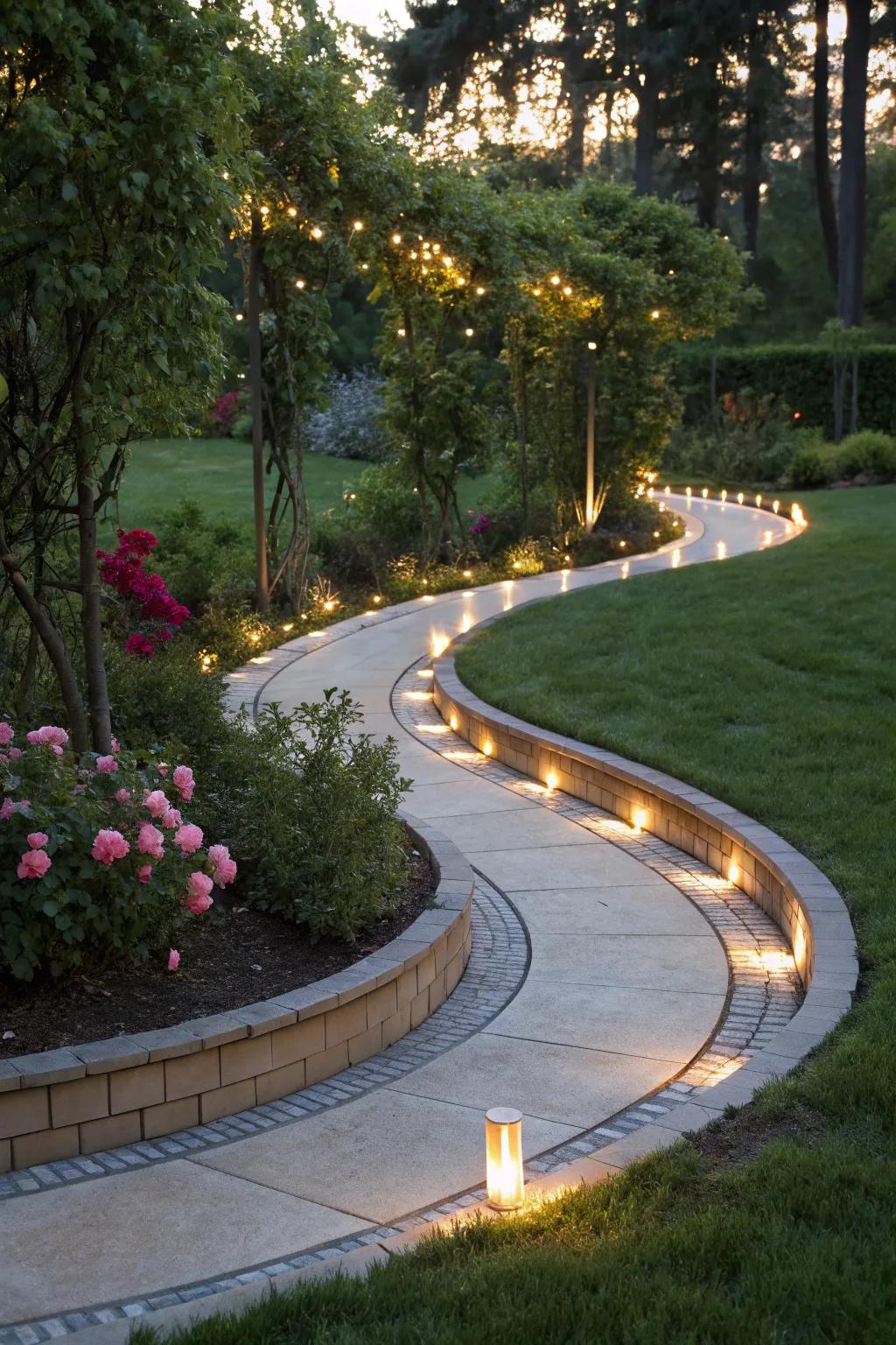 Curvy paths glowing under inviting lights.