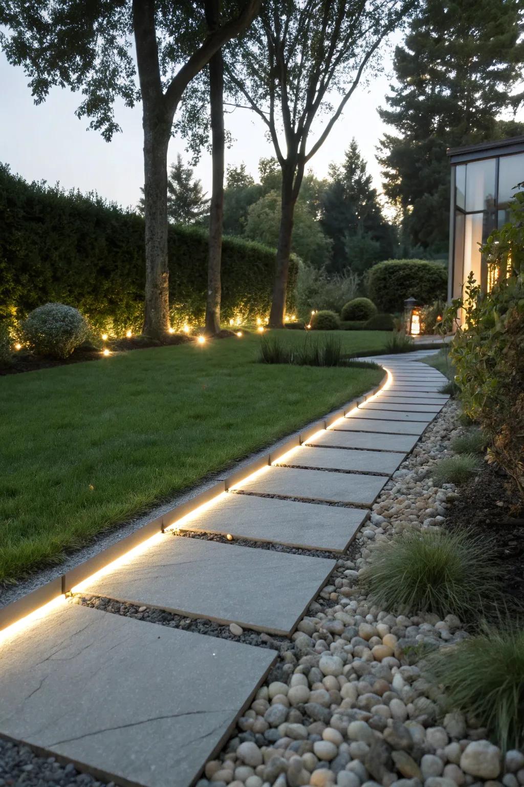 Contemporary paths lit by LED strips.