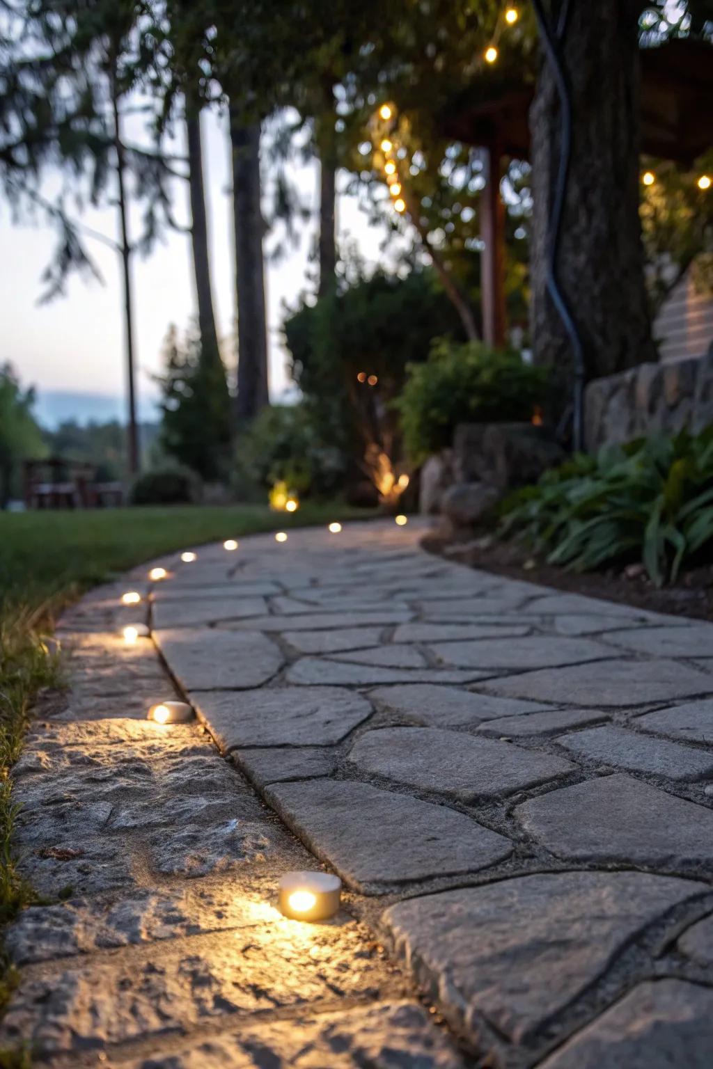 Rustic stone-embedded walkway lighting.