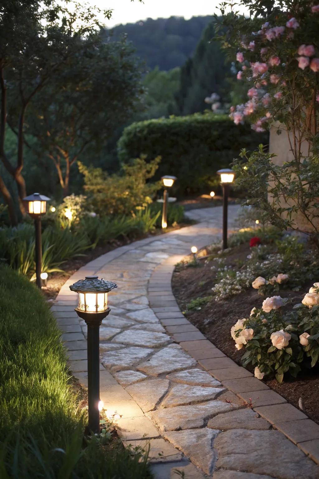 Staggered outdoor lighting creating natural rhythm.