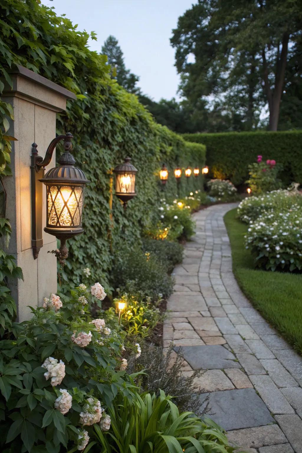 Classic wall sconces brighten garden paths.