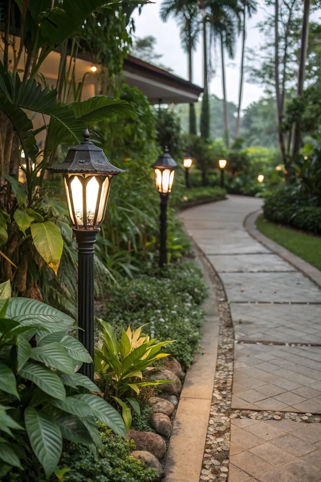 Classic path lights with warm illumination.