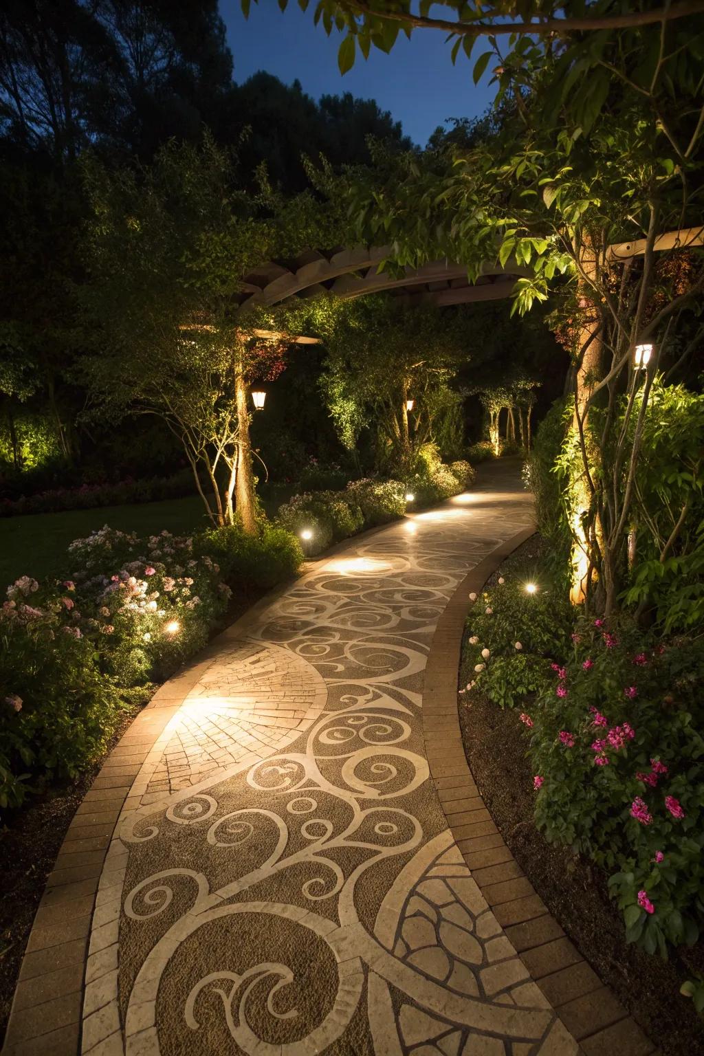 Creative lighting patterns enhance pathways.