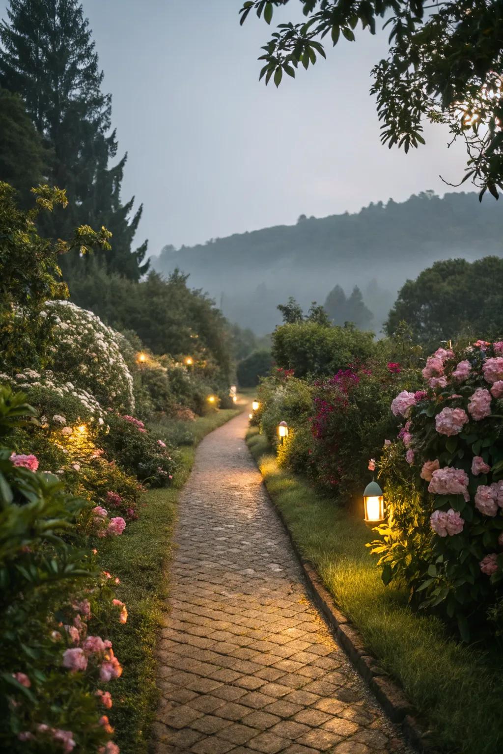 Cozy ambient lighting illuminating garden paths.