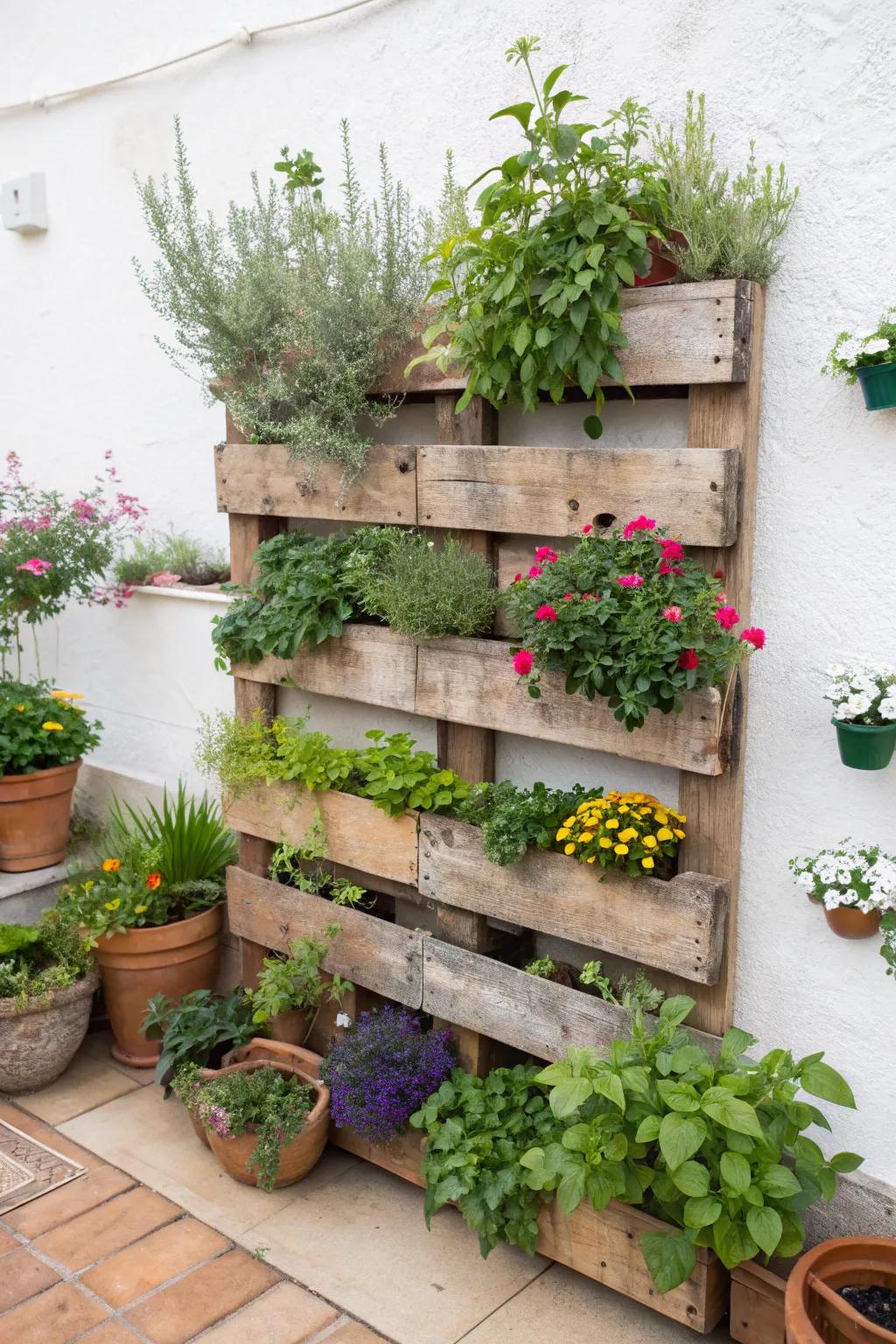 Vertical gardens using pallets add charm and functionality.