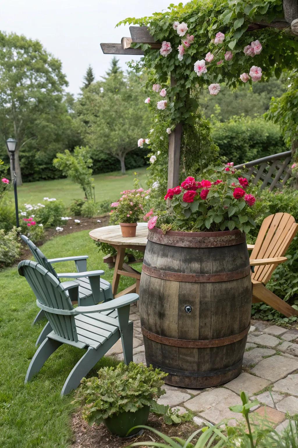 Upcycled furniture brings an eco-friendly twist to garden decor.