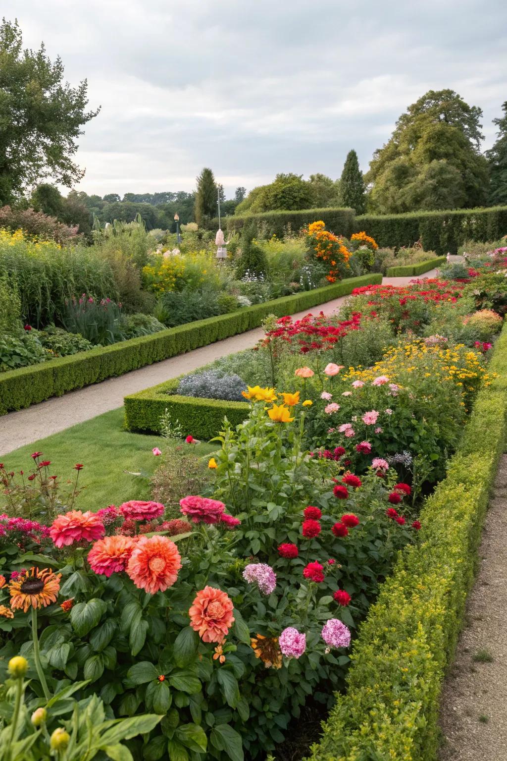 Flower beds create a lively display of color and texture.