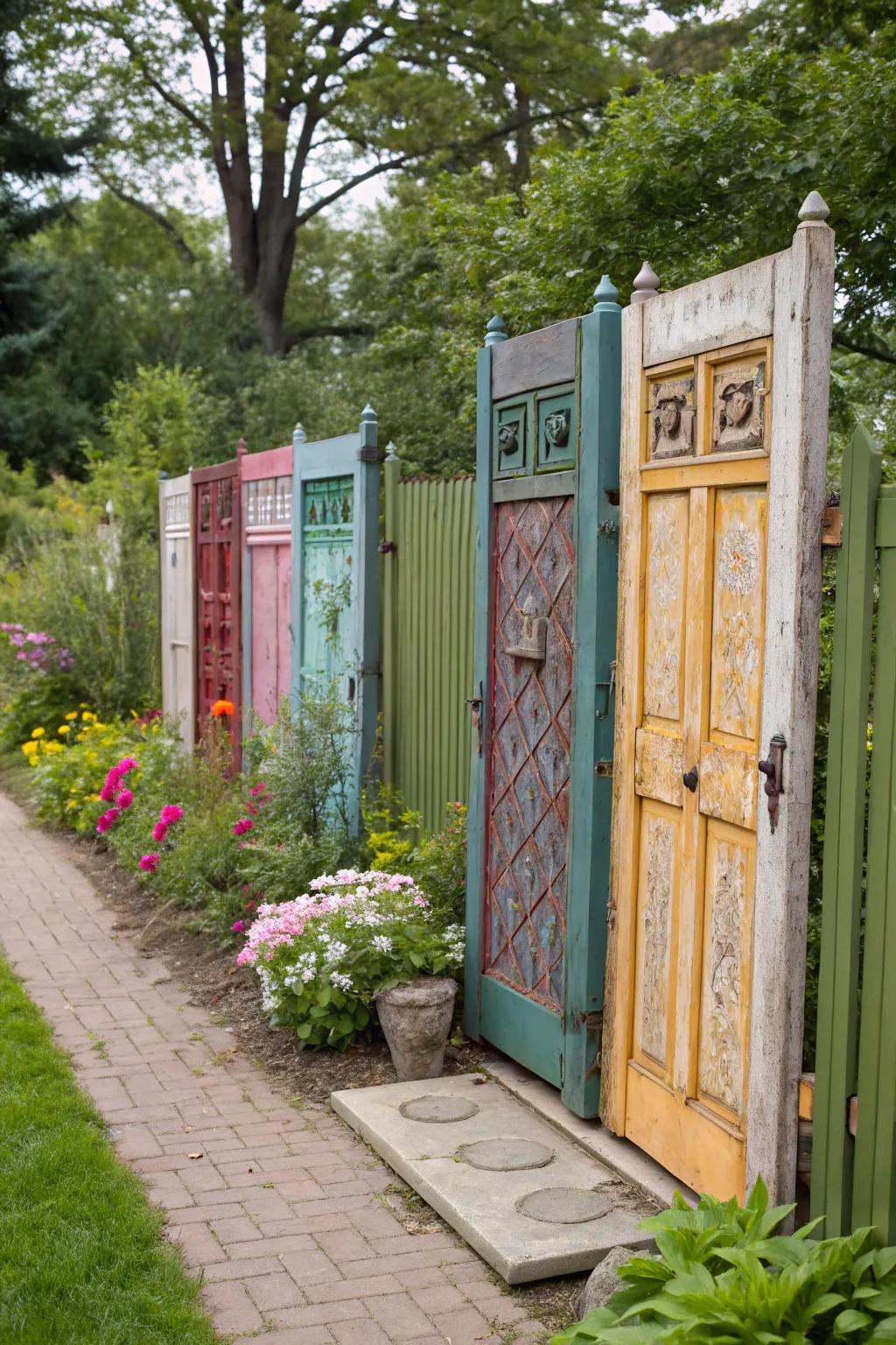 A fence of repurposed doors adds rustic charm and creativity.