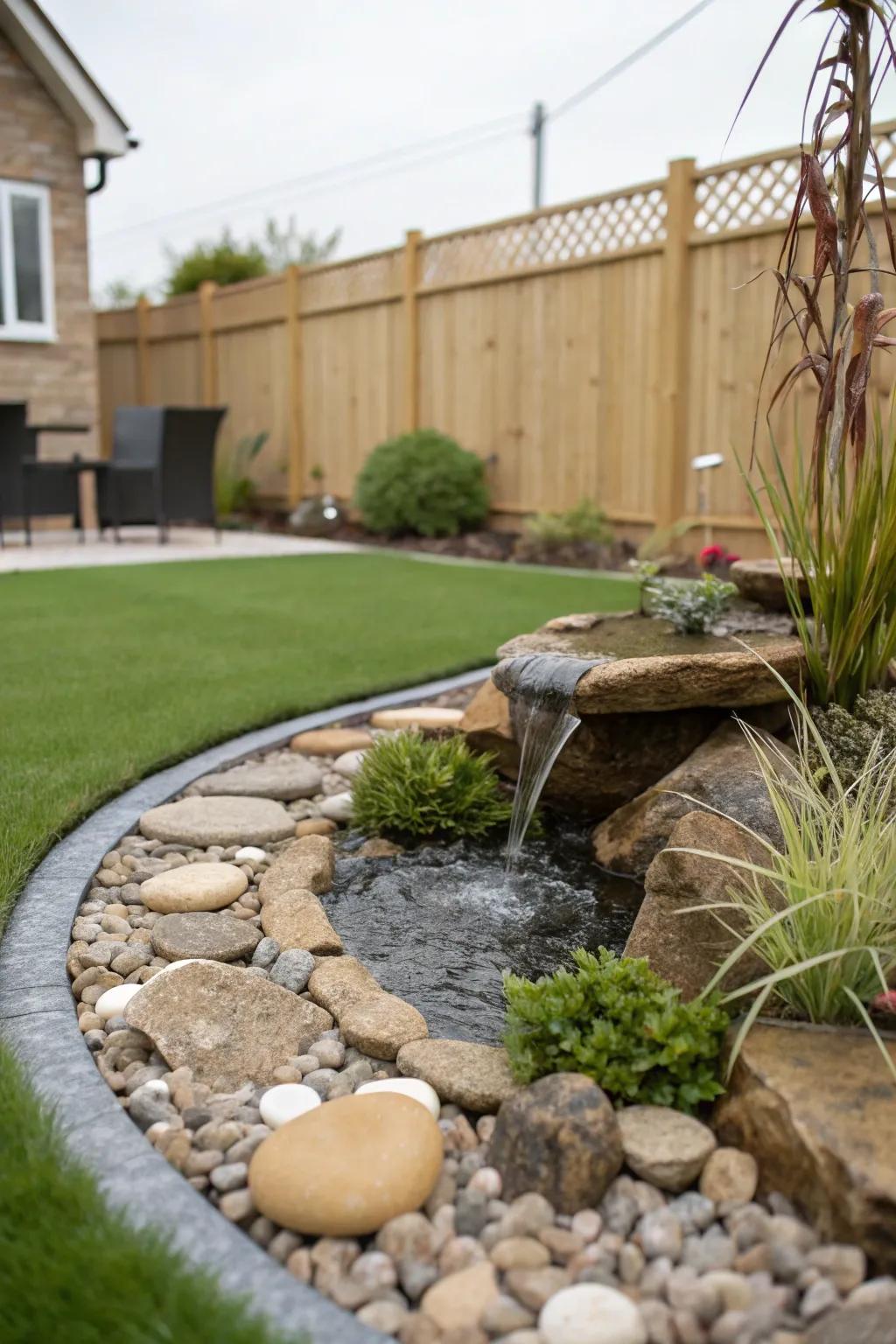 A tranquil water feature enhances the beauty of artificial grass.