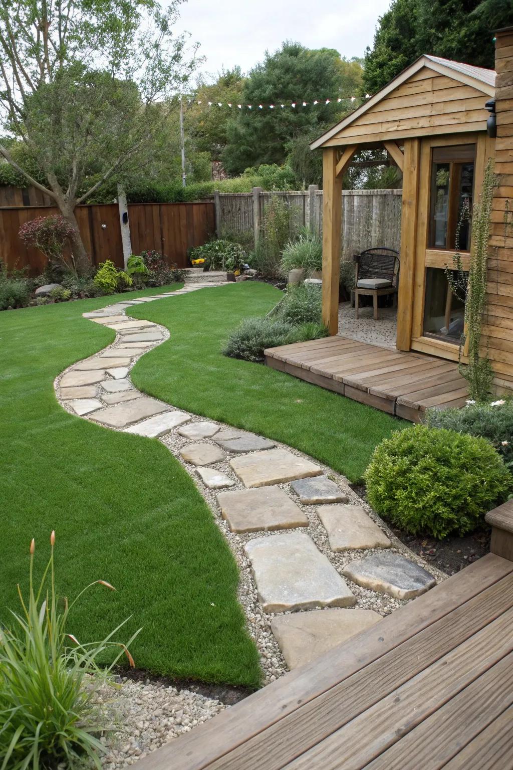 A modern garden with a blend of hardscape and artificial grass.