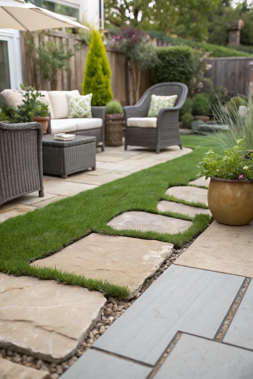 A seamless transition from patio to garden with artificial grass.