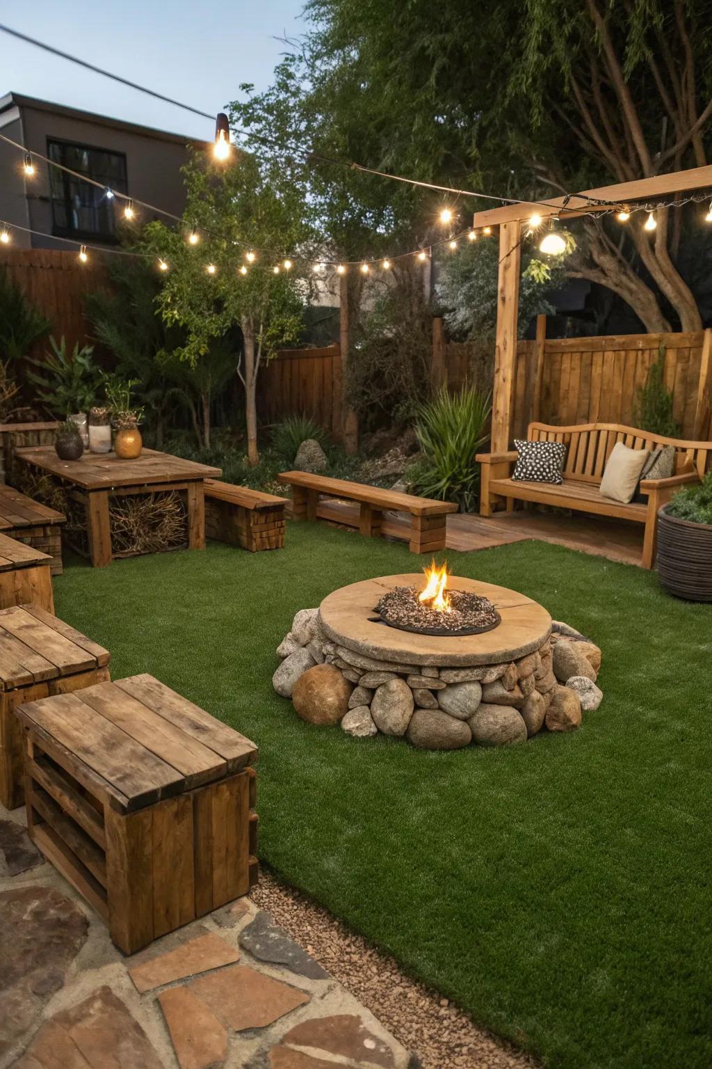 Capture a rustic charm with natural accents and artificial grass.