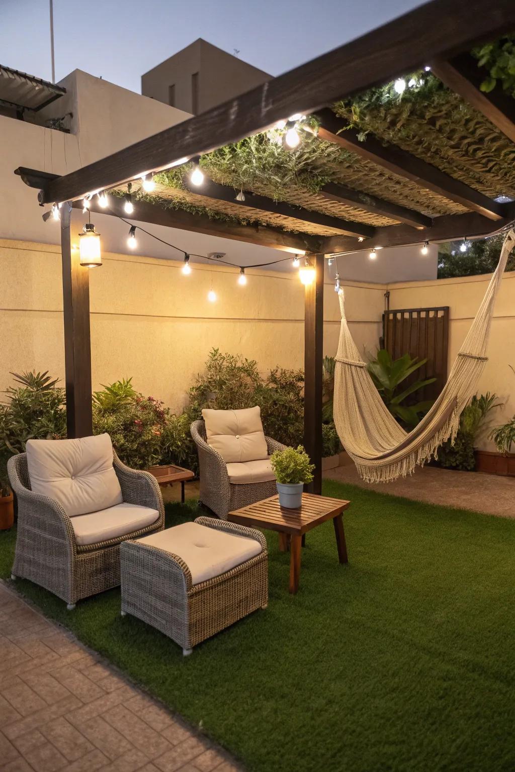 Relax in style with a cozy seating area on artificial grass.