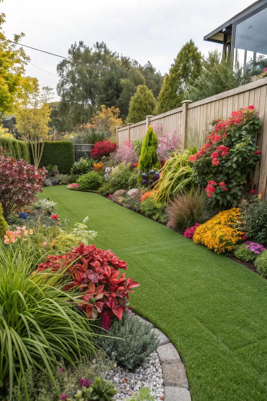Real plants add vibrant contrast to artificial grass.