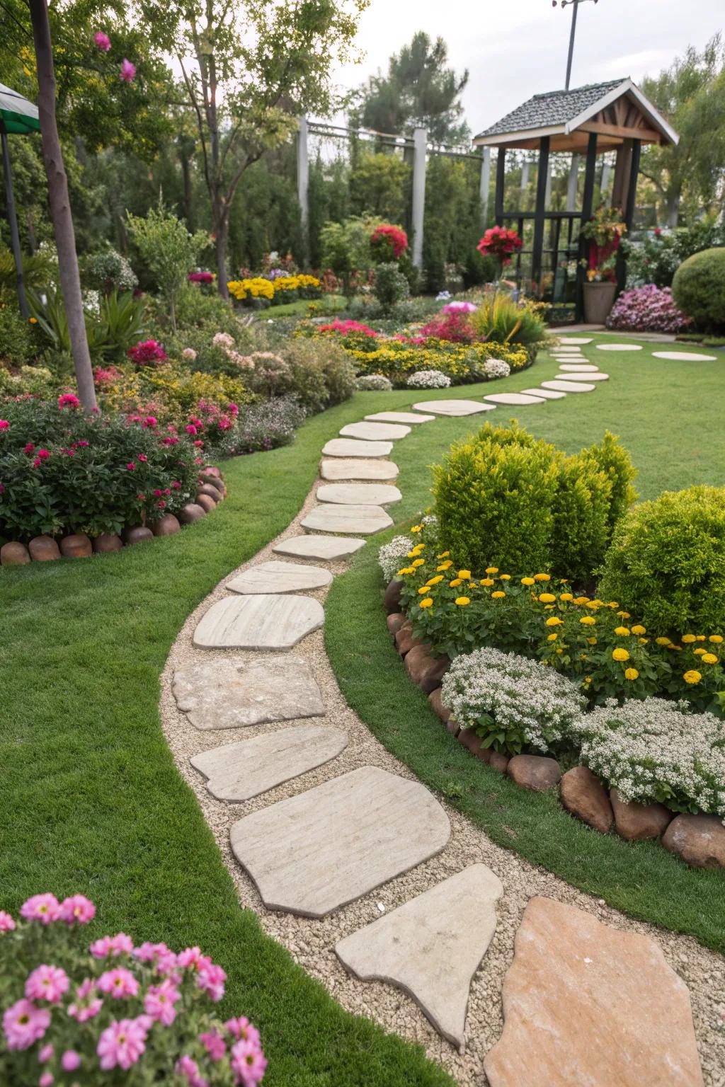 Charming pathways add character to your artificial grass garden.