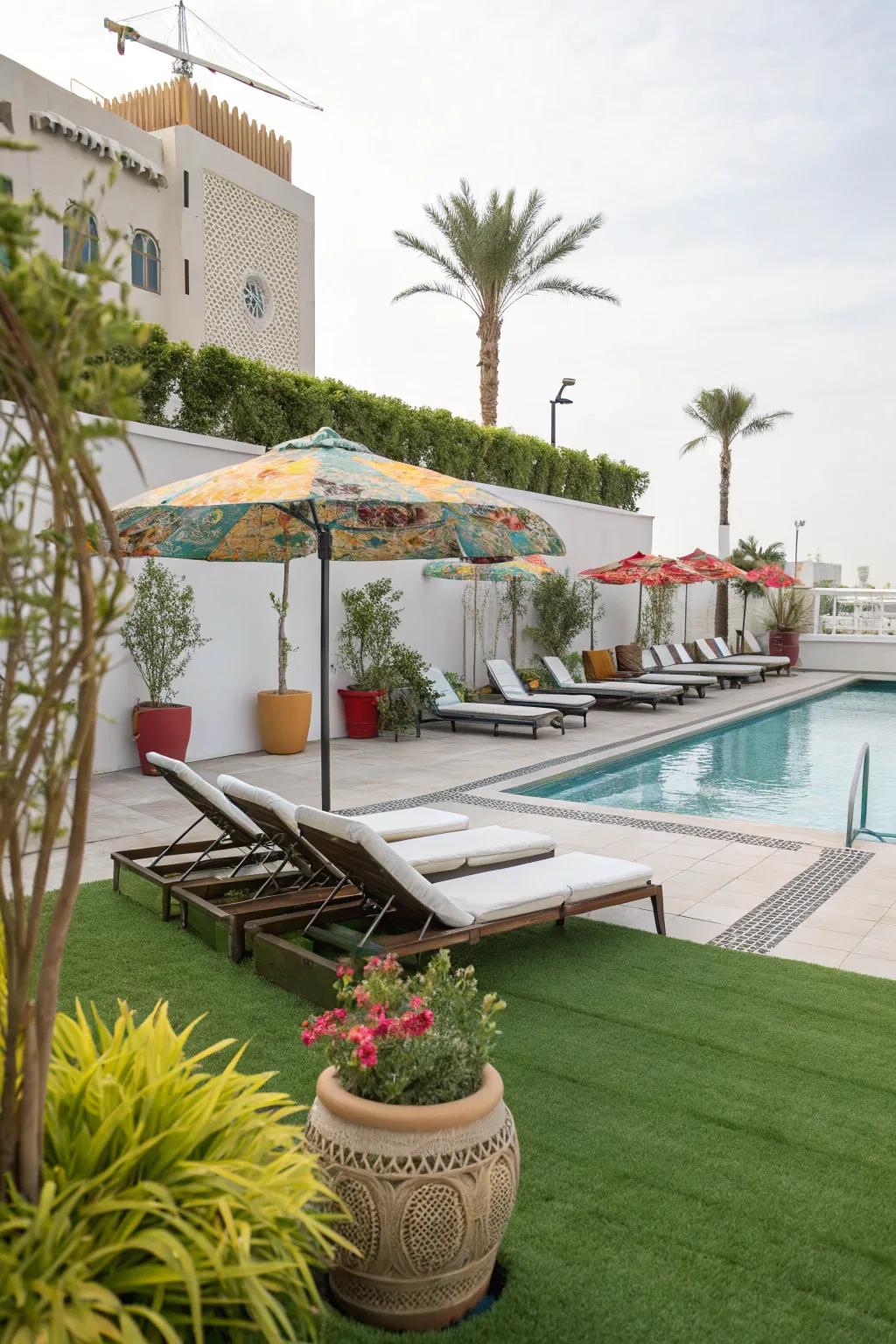 A lush poolside paradise with artificial grass.