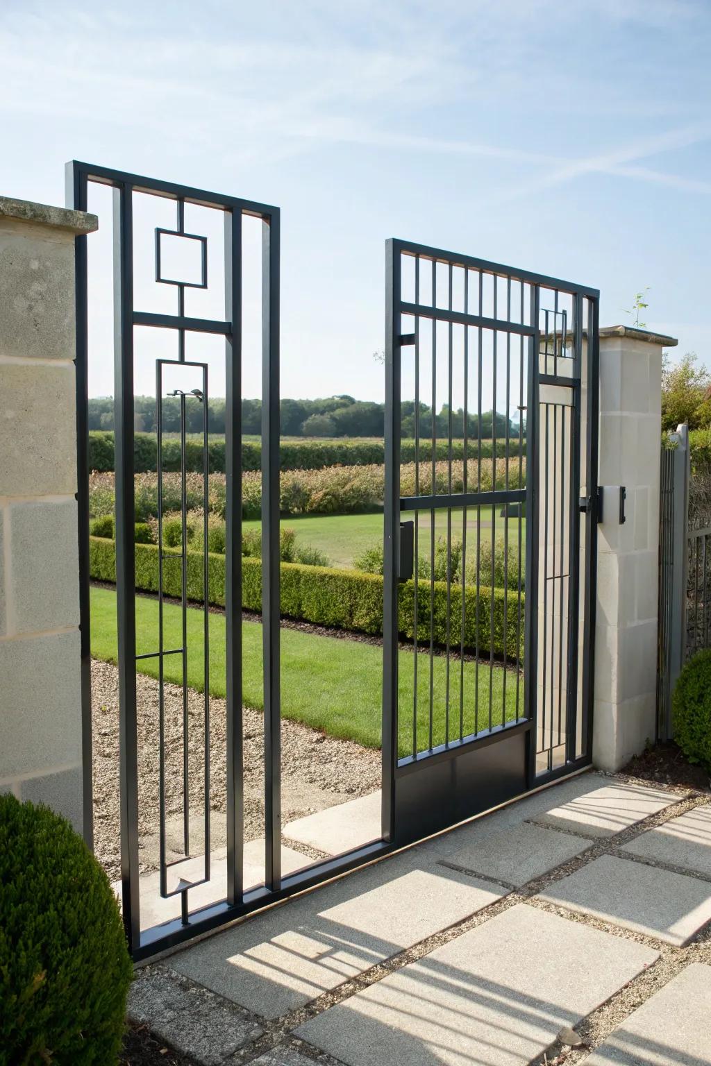 Floating panels add a futuristic touch to garden gates.