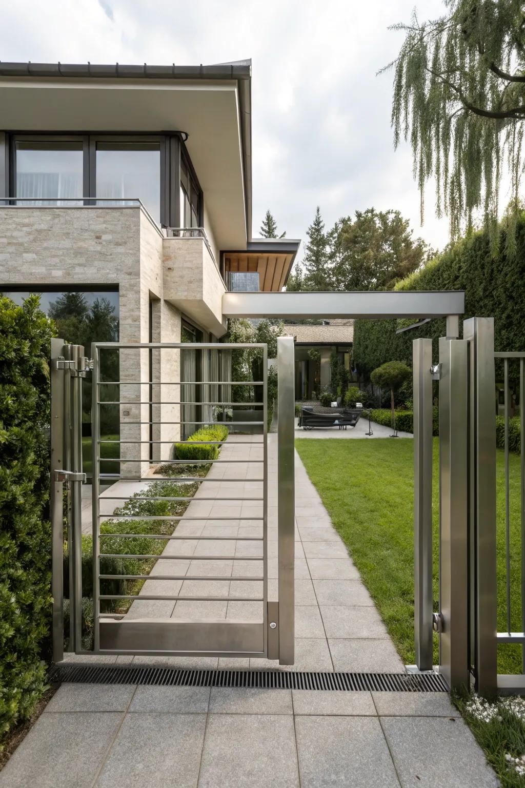 Minimalist metal gates offer sleek, modern aesthetics.