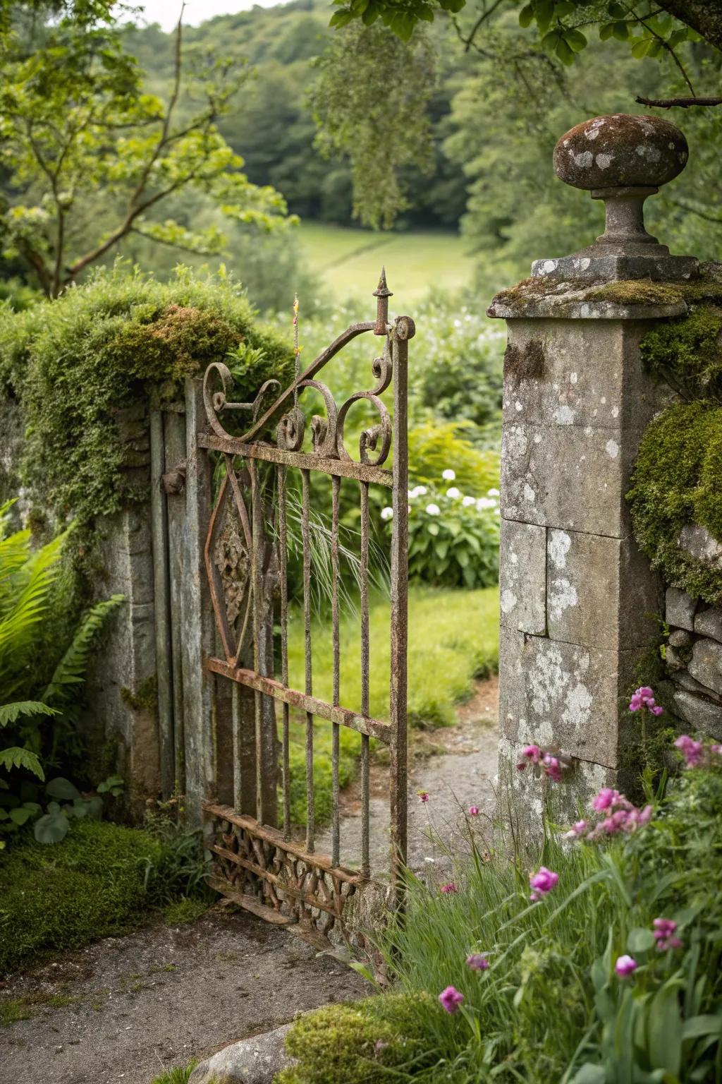 Rustic metal gates evoke nostalgia and charm.