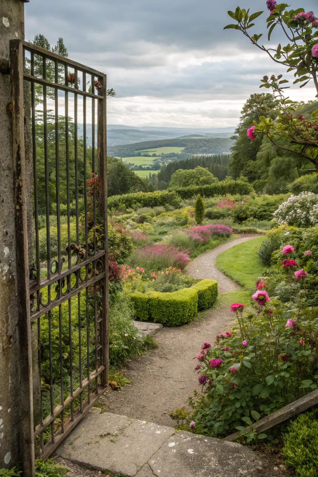 Gates framing scenic garden views.