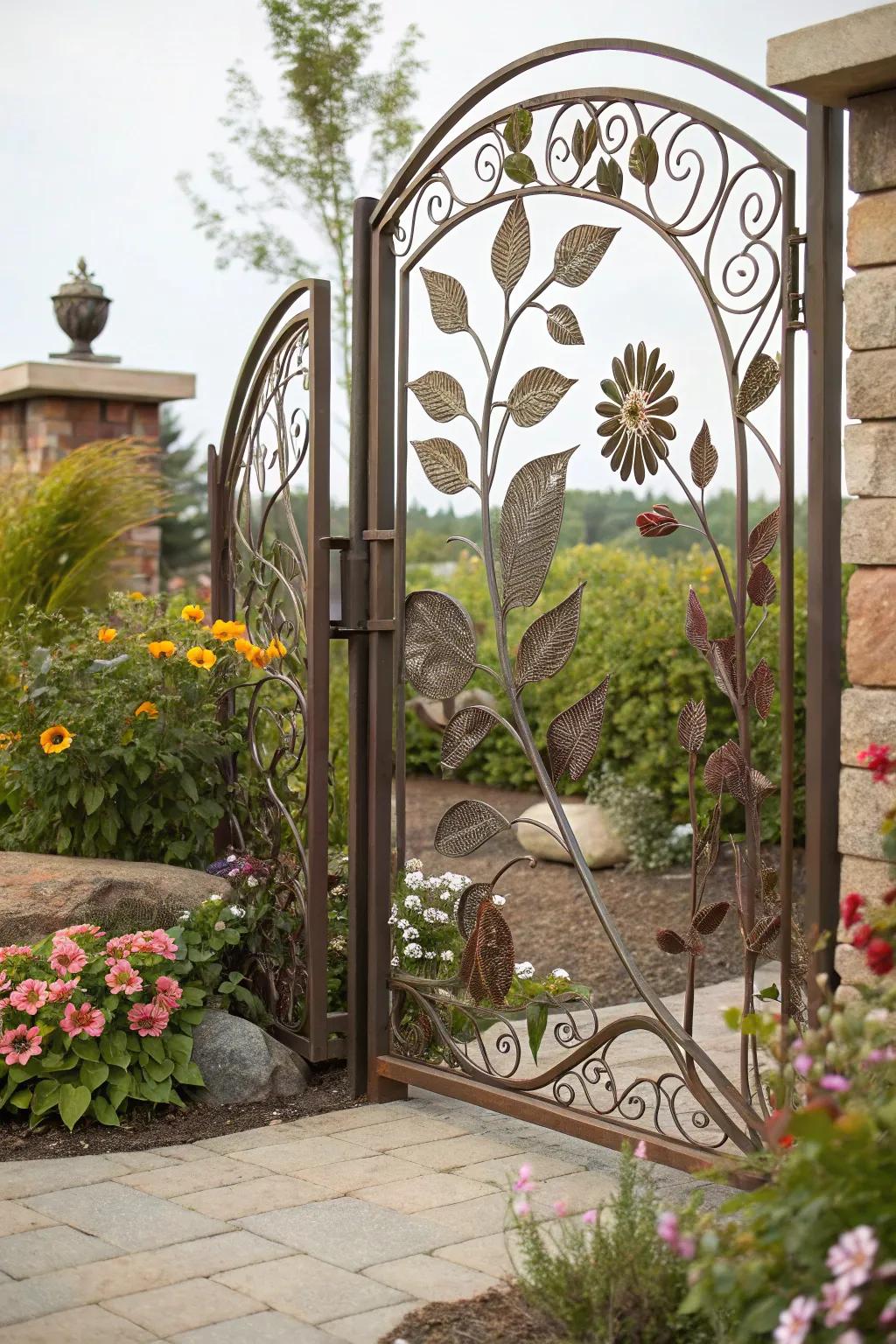 Metal gates adorned with nature-inspired designs.
