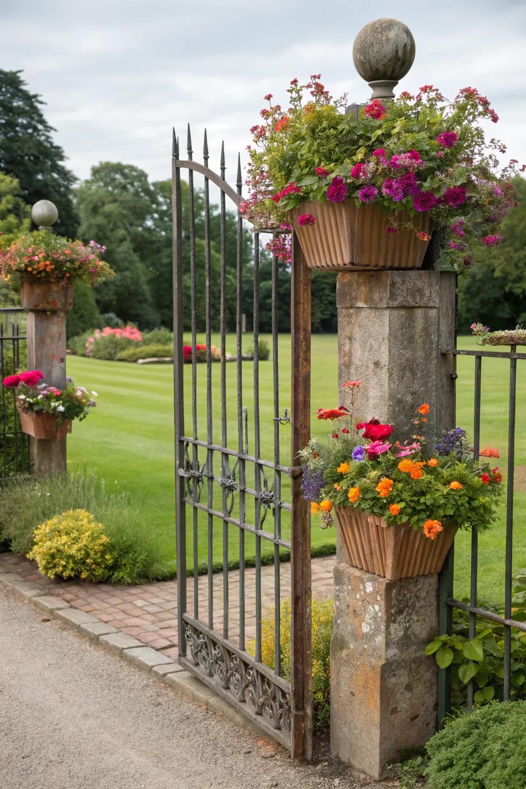 Metal gates with built-in planters bring lushness to entrances.