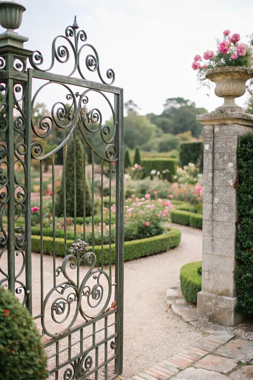 Scrollwork gates create regal garden entrances.