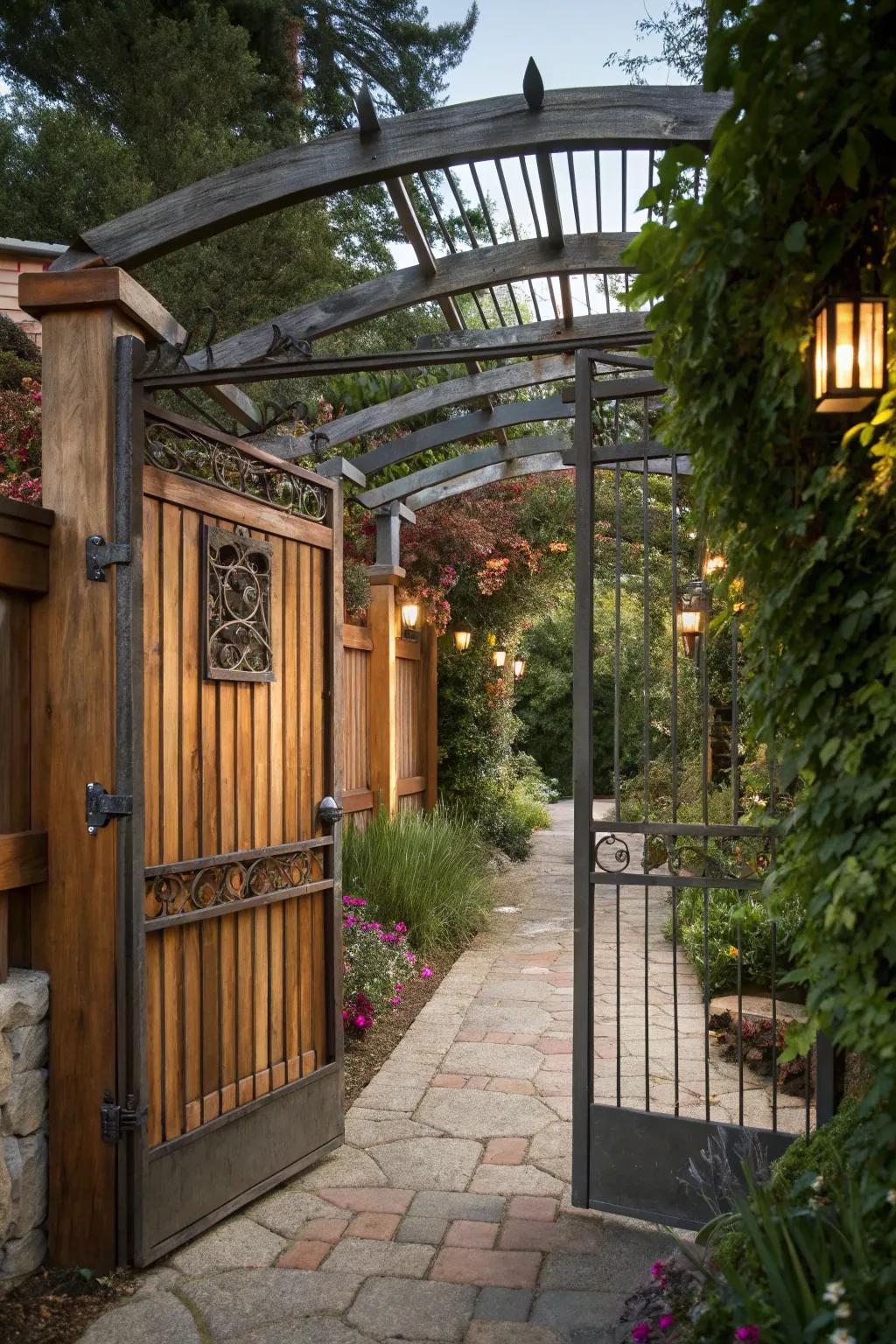Warmth of wood complements metal gate design.