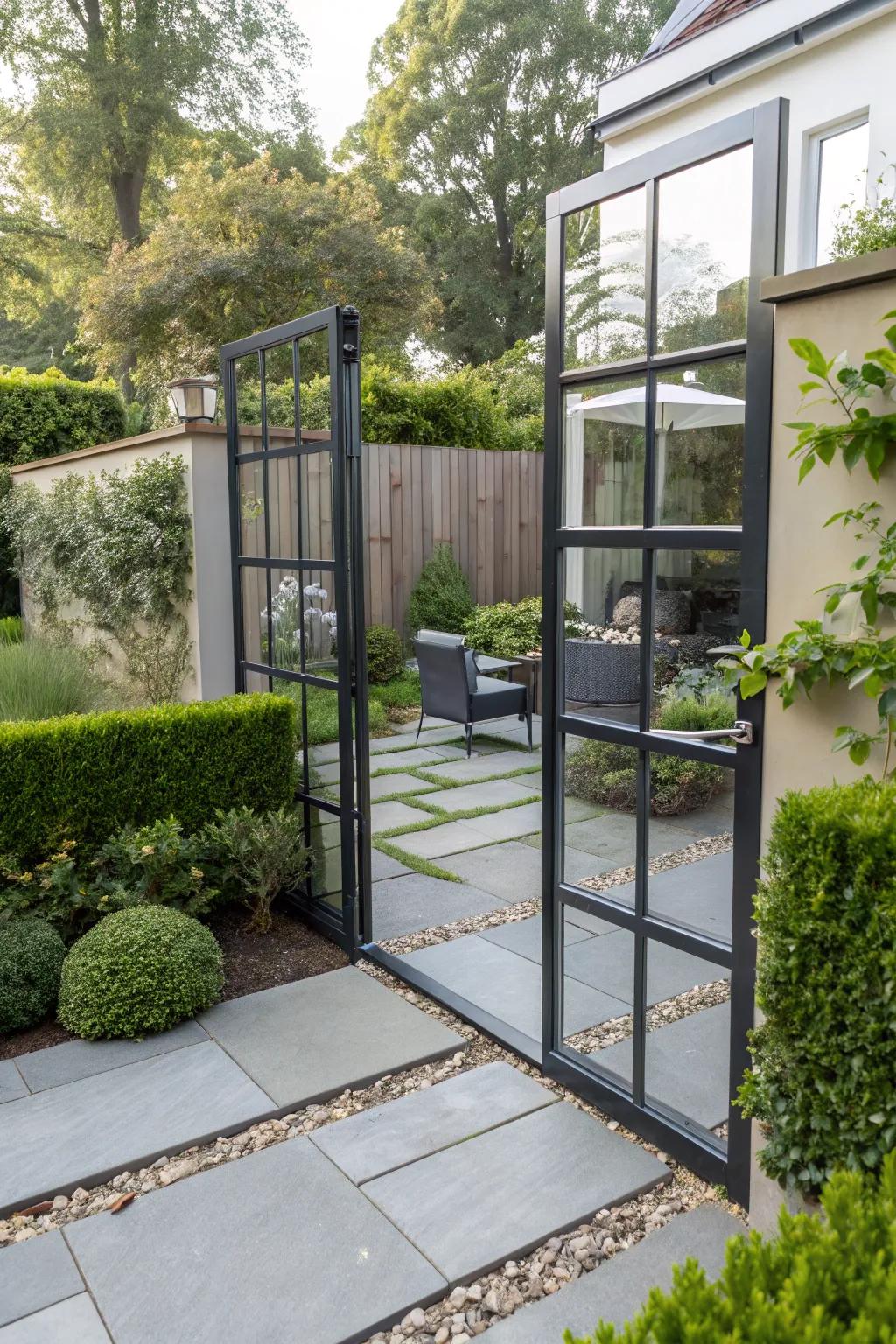 Glass panels lighten metal gates with modern sophistication.