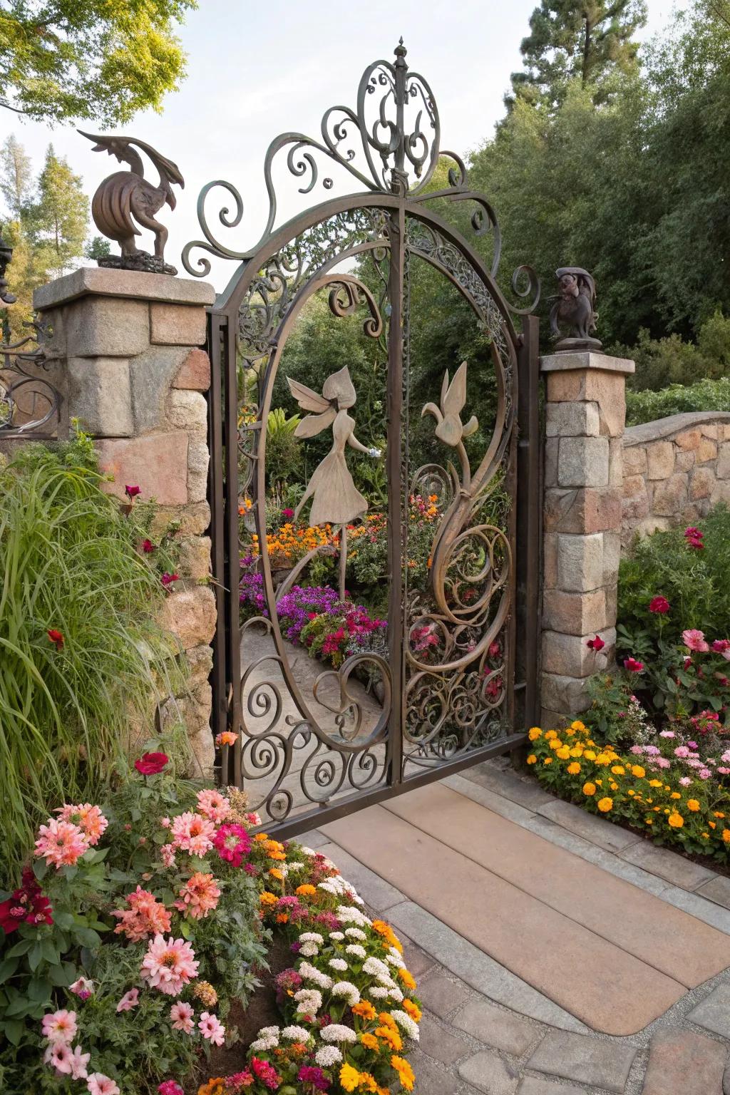 Whimsical gates transform gardens into magical realms.
