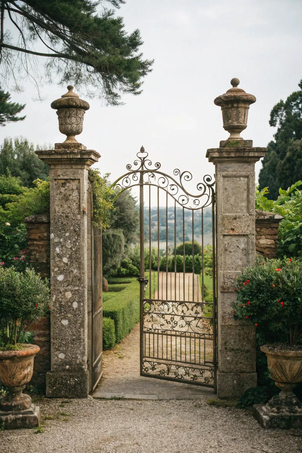 Metal gates with stone pillars offer durable rustic charm.