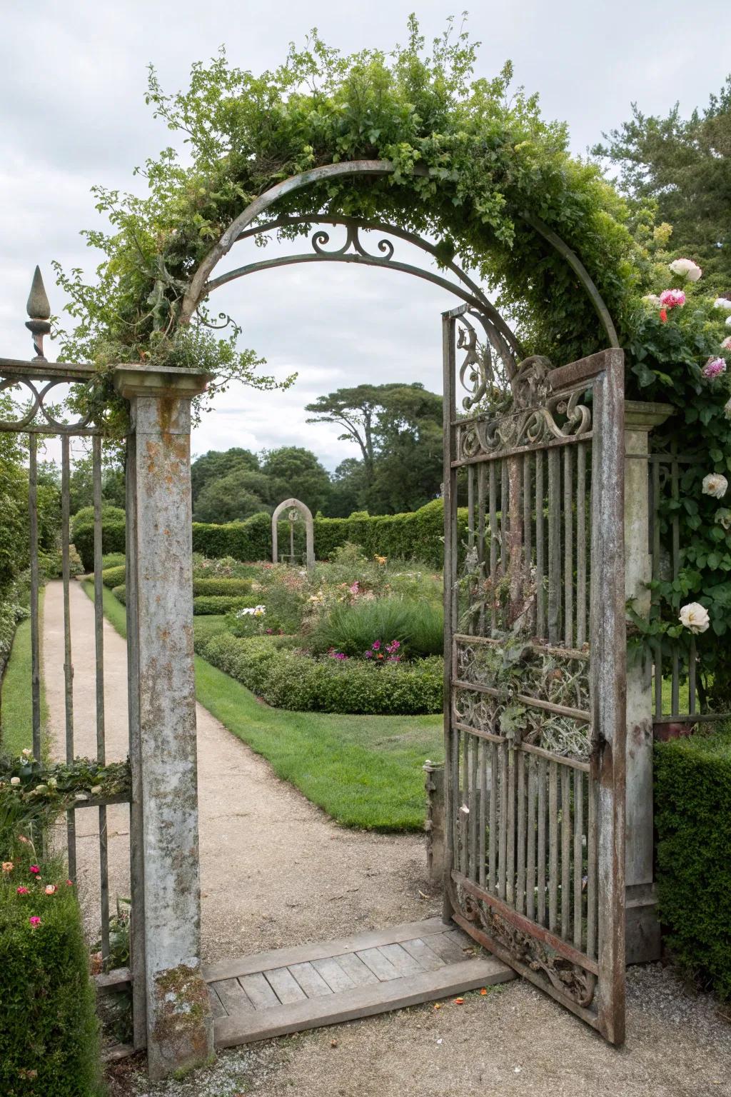 An arched gate with arbor adds elegance and depth.