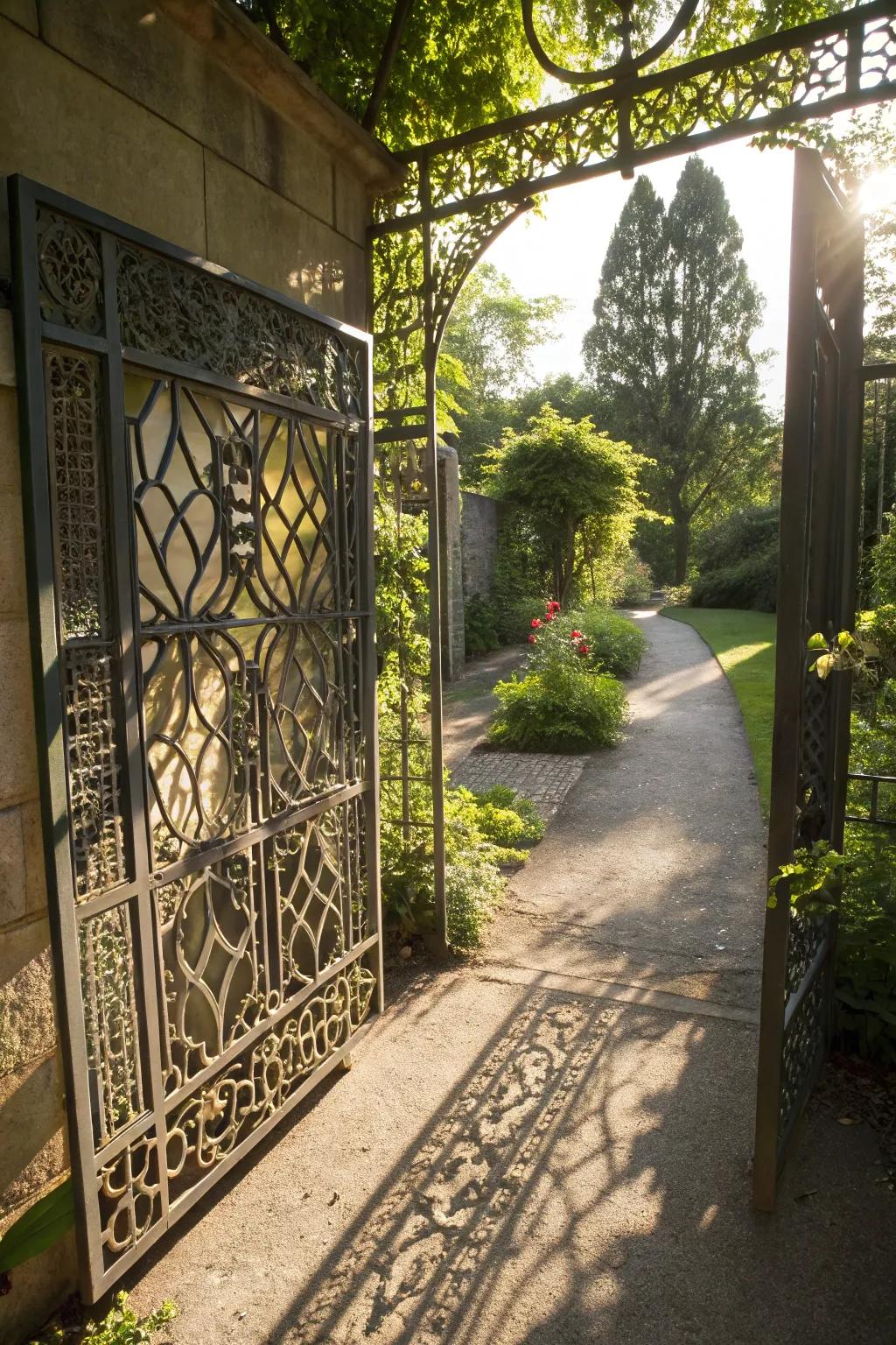 Geometric patterned metal gates add a modern edge.