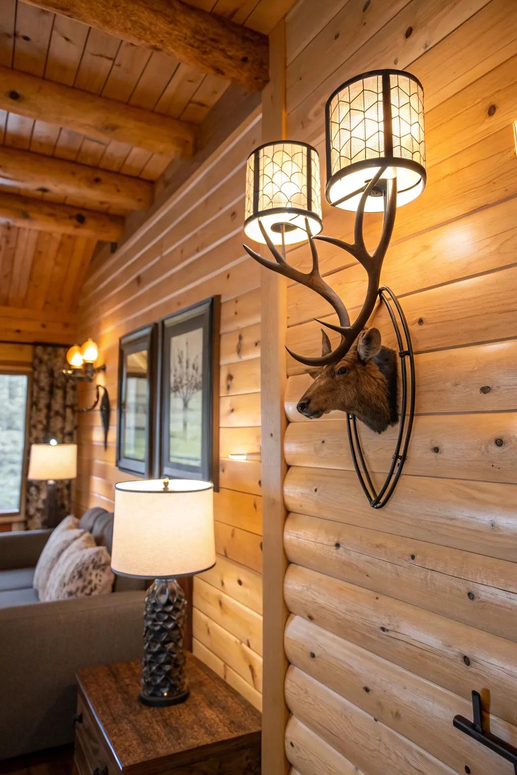 Artisan lighting fixtures adding charm to the cabin.