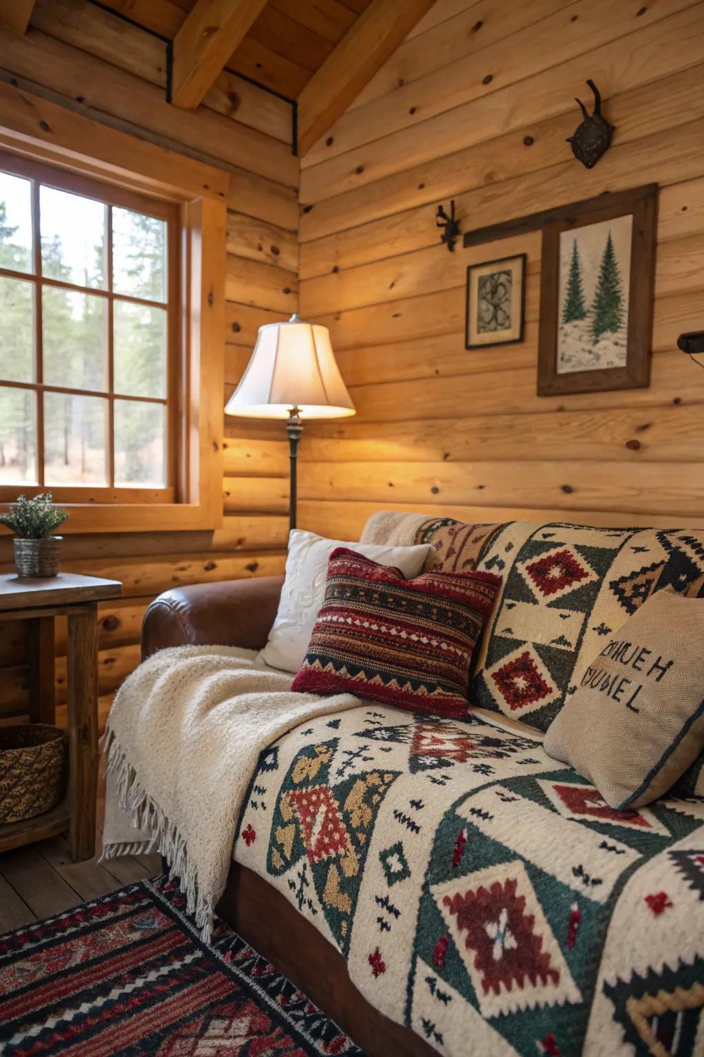 Textured fabrics and cozy pillows enhancing cabin comfort.
