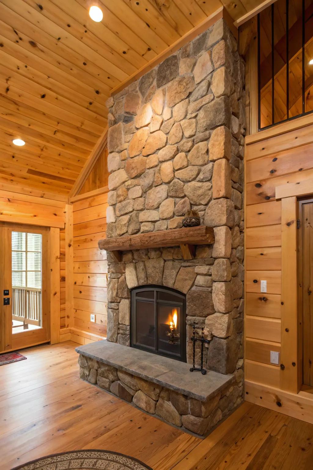 Stone accents paired with knotty pine walls.