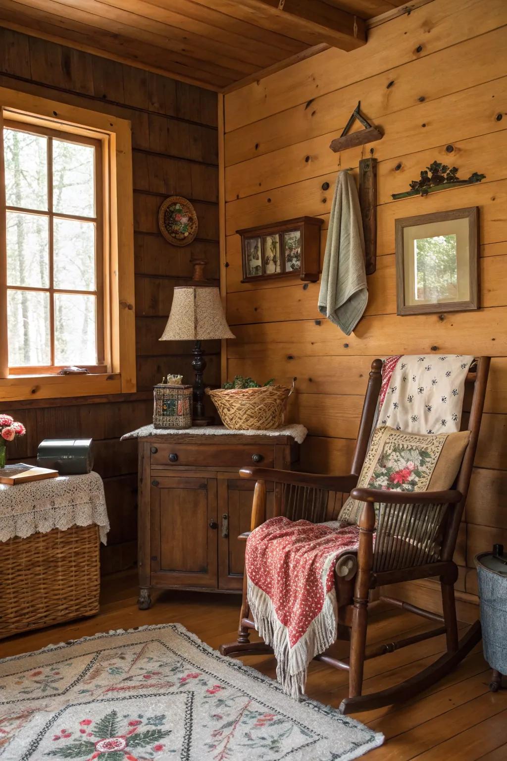 Antique pieces adding nostalgic charm to the cabin.