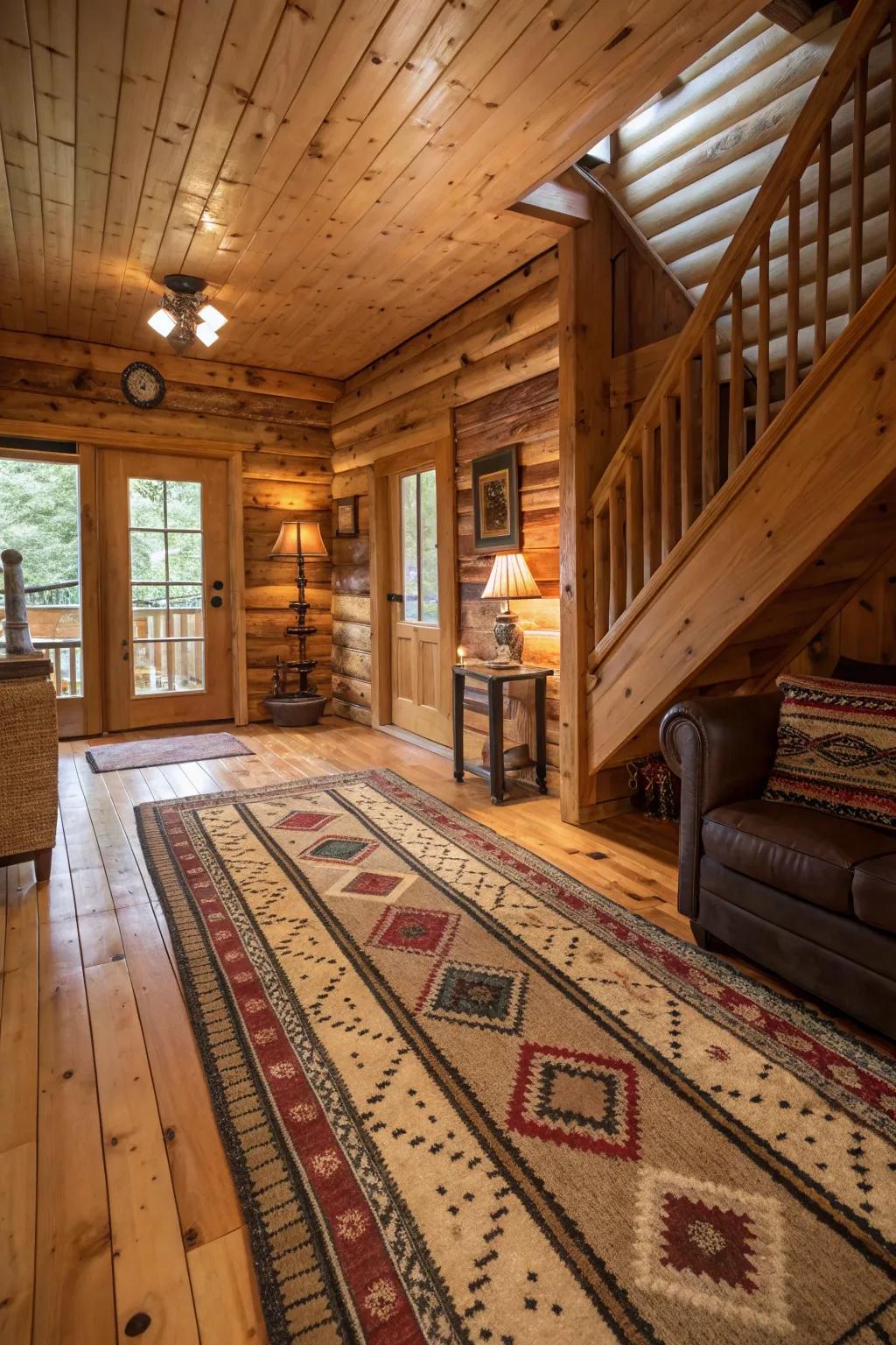 Multiple rugs layered for added comfort and style.