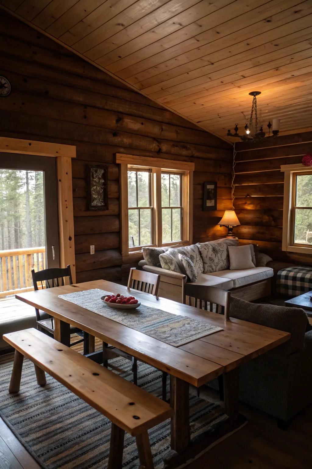 Comfortable and practical furniture in a knotty pine cabin.